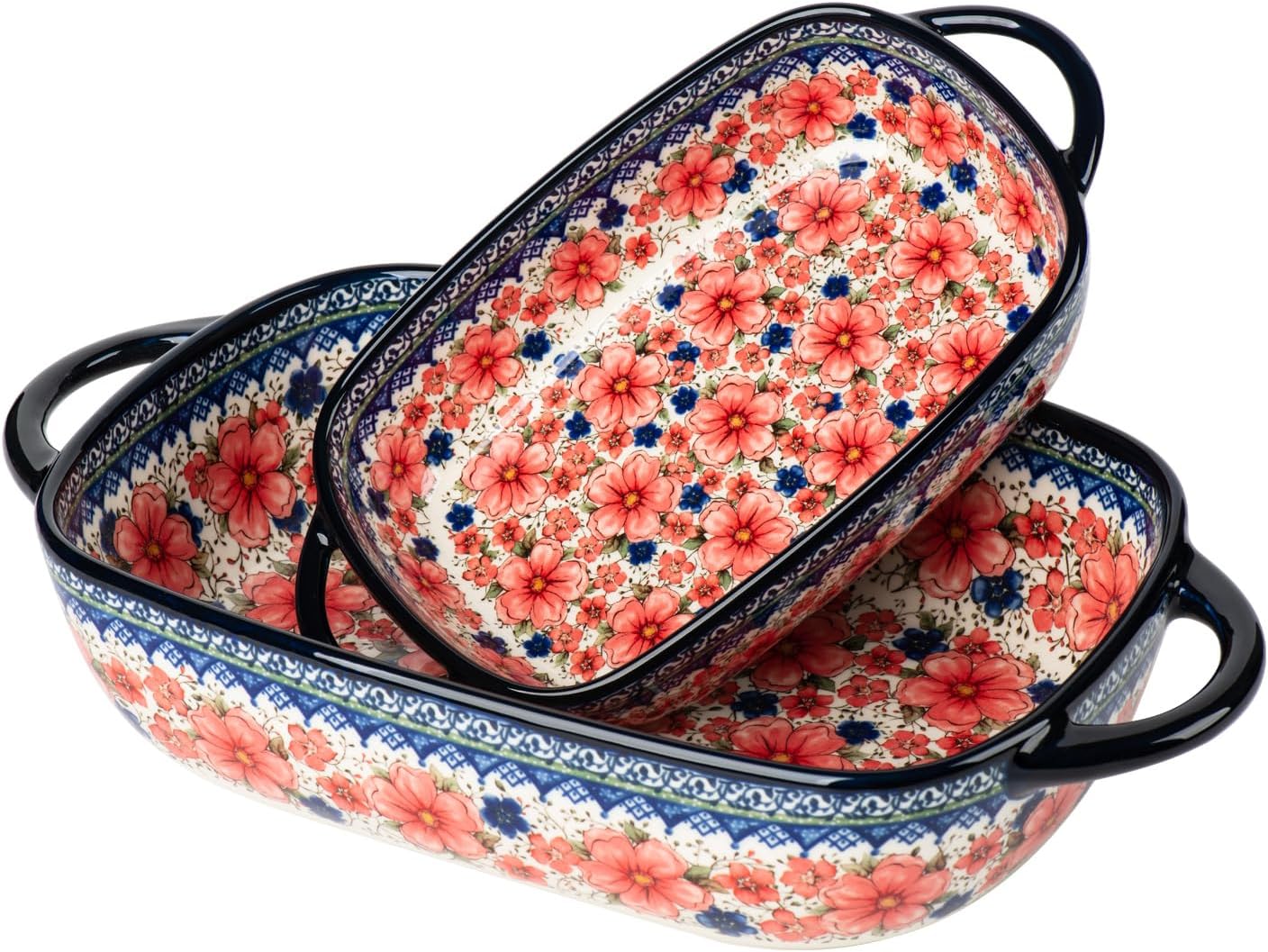 Baking Dish Ceramic Baking Pan Blue Casserole Dish Rectangular Baking Set 2pcs Bakeware Sets Lasagna Pan Baking Dishes for oven (Exotic Daisy)