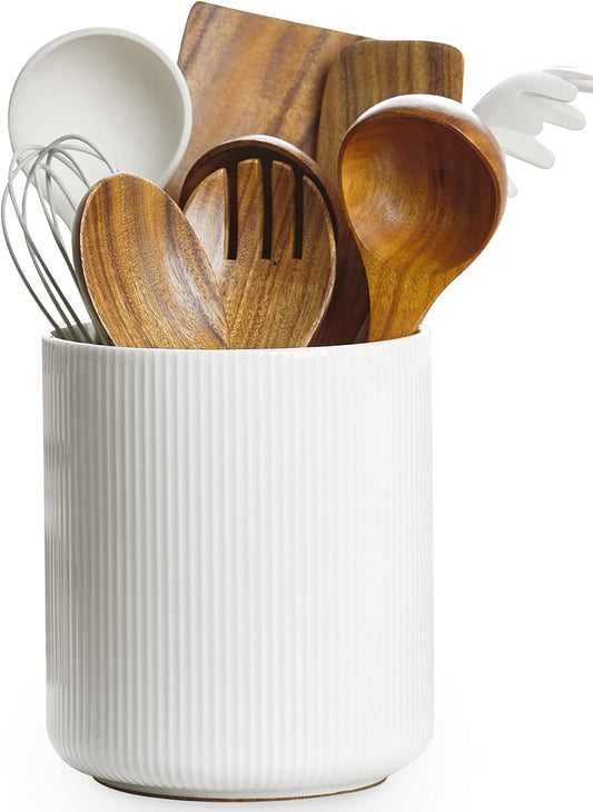 Getstar Large White Ceramic Kitchen Utensil Holder (H7.2' x W6.2'), With Cork Mat, Organizes 10-15 Utensils