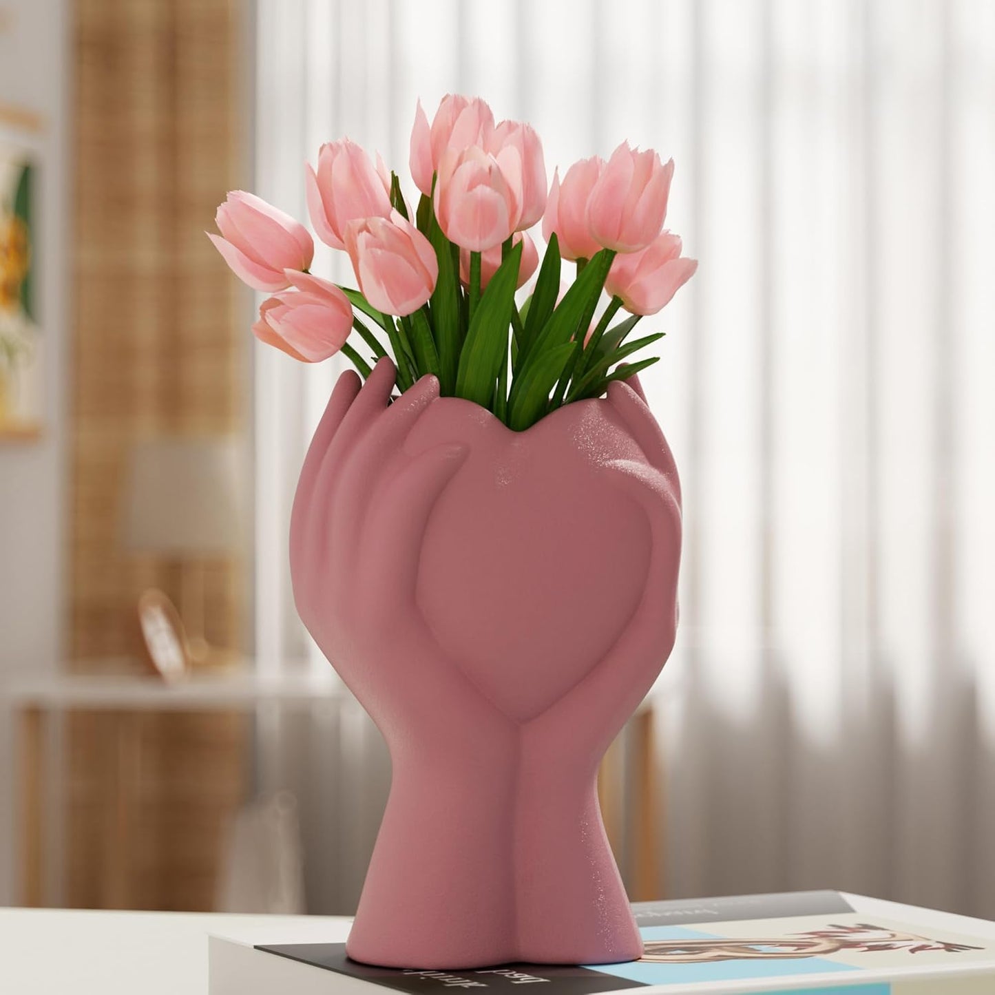 8" Heart Hand White Ceramic Vase - Unique Modern Aesthetic Flowers Vase for Living Room Bedroom Office Kitchen Table Centerpiece or Shelf Decor-Gifts for Wedding Bridal Shower Women Mom (White)