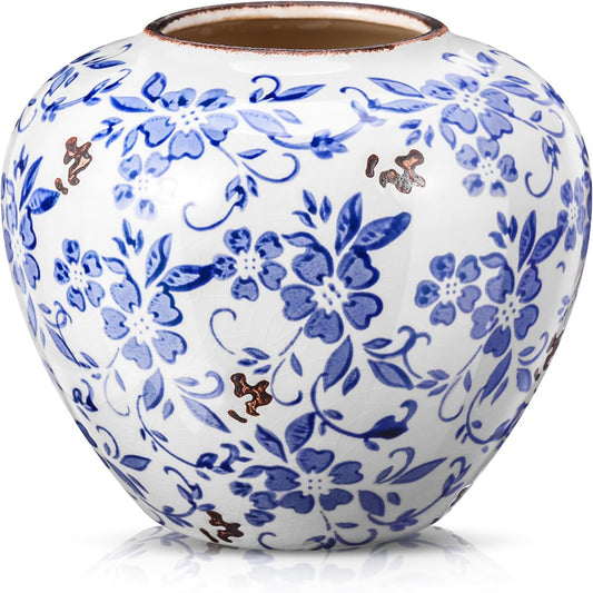 Blue and White Vases Ceramic Vintage Chinoiserie Floral 6.69" H Terracotta Round Rustic Pottery Large Crackle Finish Vase for Centerpieces Home Farmhouse Modern Decor Living Room Decoration
