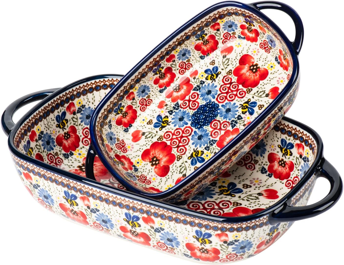 Baking Dish Ceramic Baking Pan Blue Casserole Dish Rectangular Baking Set 2pcs Bakeware Sets Lasagna Pan Baking Dishes for oven (Exotic Daisy)