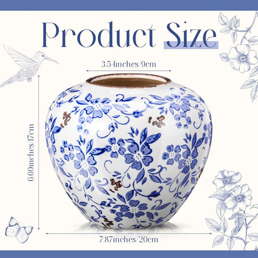 Blue and White Vases Ceramic Vintage Chinoiserie Floral 6.69" H Terracotta Round Rustic Pottery Large Crackle Finish Vase for Centerpieces Home Farmhouse Modern Decor Living Room Decoration
