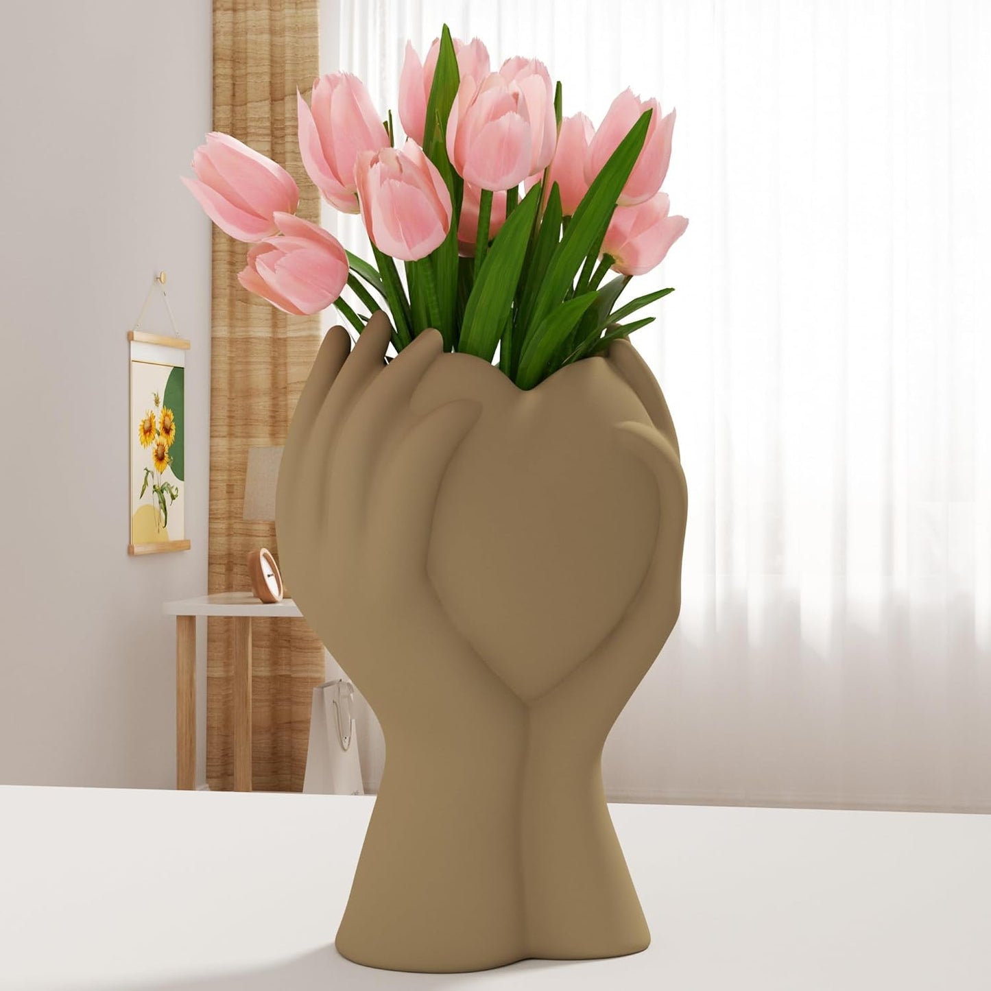 8" Heart Hand White Ceramic Vase - Unique Modern Aesthetic Flowers Vase for Living Room Bedroom Office Kitchen Table Centerpiece or Shelf Decor-Gifts for Wedding Bridal Shower Women Mom (White)