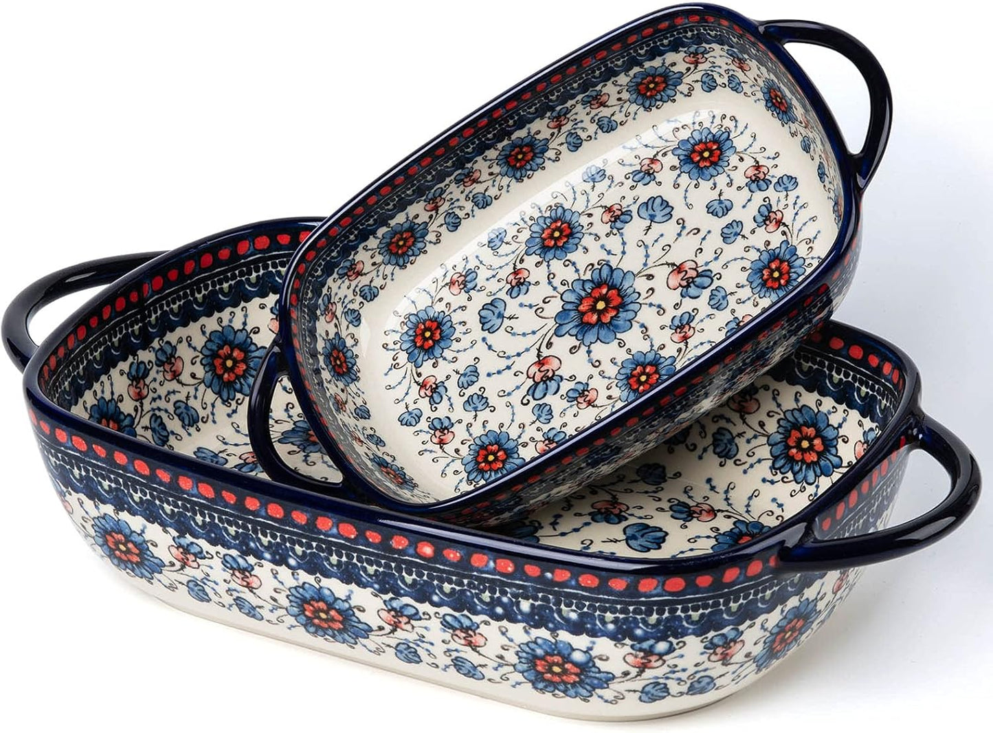 Baking Dish Ceramic Baking Pan Blue Casserole Dish Rectangular Baking Set 2pcs Bakeware Sets Lasagna Pan Baking Dishes for oven (Exotic Daisy)