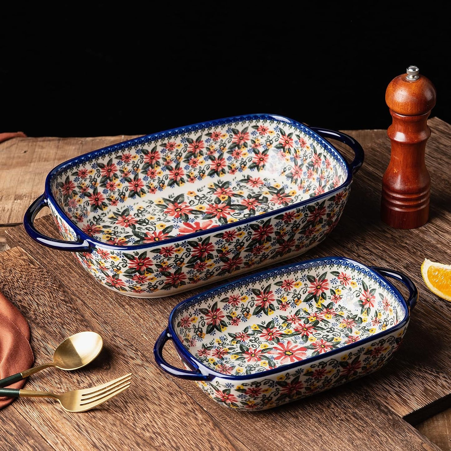 Baking Dish Ceramic Baking Pan Blue Casserole Dish Rectangular Baking Set 2pcs Bakeware Sets Lasagna Pan Baking Dishes for oven (Exotic Daisy)
