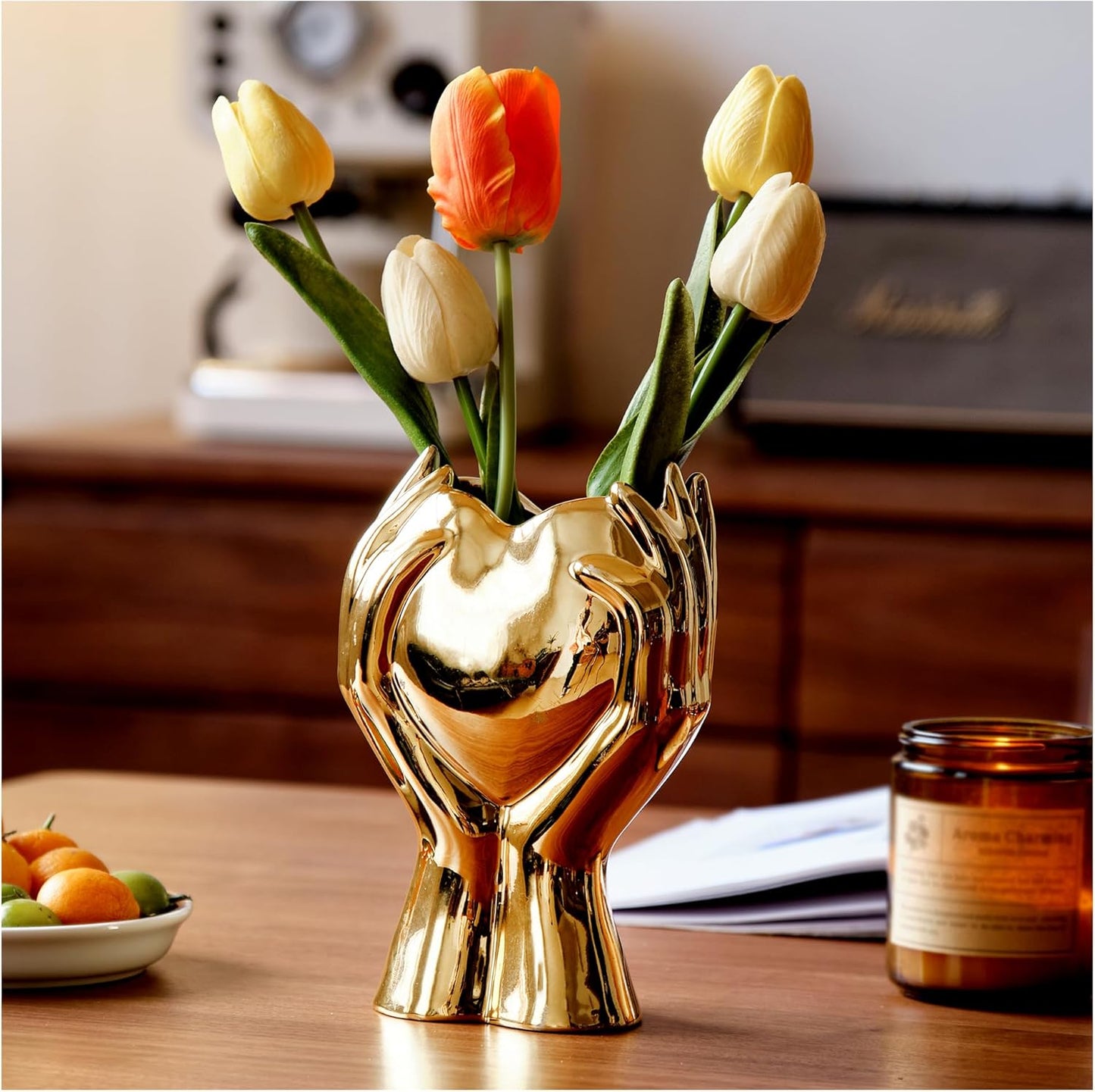 8" Heart Hand White Ceramic Vase - Unique Modern Aesthetic Flowers Vase for Living Room Bedroom Office Kitchen Table Centerpiece or Shelf Decor-Gifts for Wedding Bridal Shower Women Mom (White)